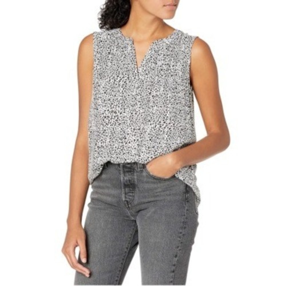 LOFT Black White Specks Ruffle Split V-Neck Sleeveless Blouse - Size S